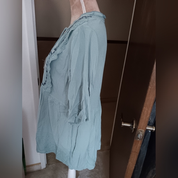 SOLD!  Sale 🌞 Artesia~Pastel Blue Embroidered Ruffle Eyelet Tassel Blouse NWOT - Picture 13 of 16